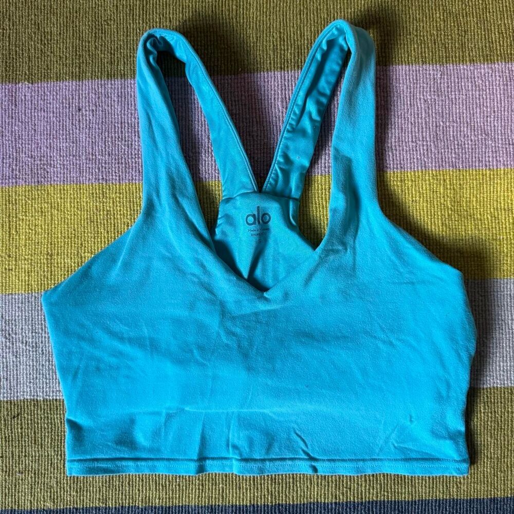 alo Yoga Sports Bra S Turquoise Blue V Neck Racerback Pilates Athletic